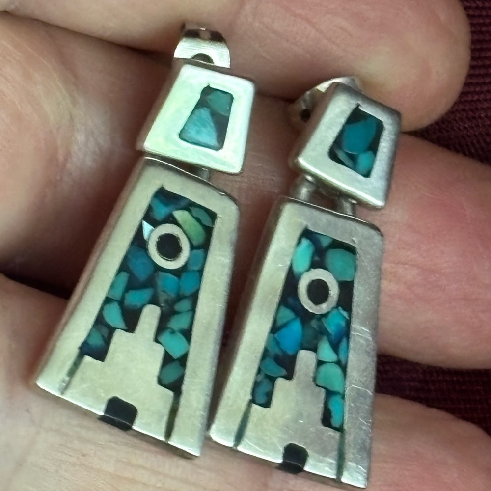 TE-15 Taxco-México 925 by Lei”Silver and Turquoise Geometric Earrings